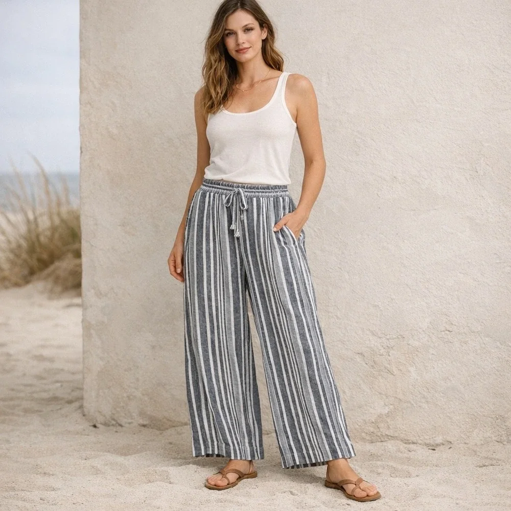 Banana Republic Wide Leg Crop Pants Womens S Blue‎ White Striped Coastal Summer
